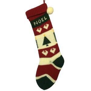 NOEL Christmas Stocking Red Green White Acrylic Knit Stripe Pom Pom New 23"